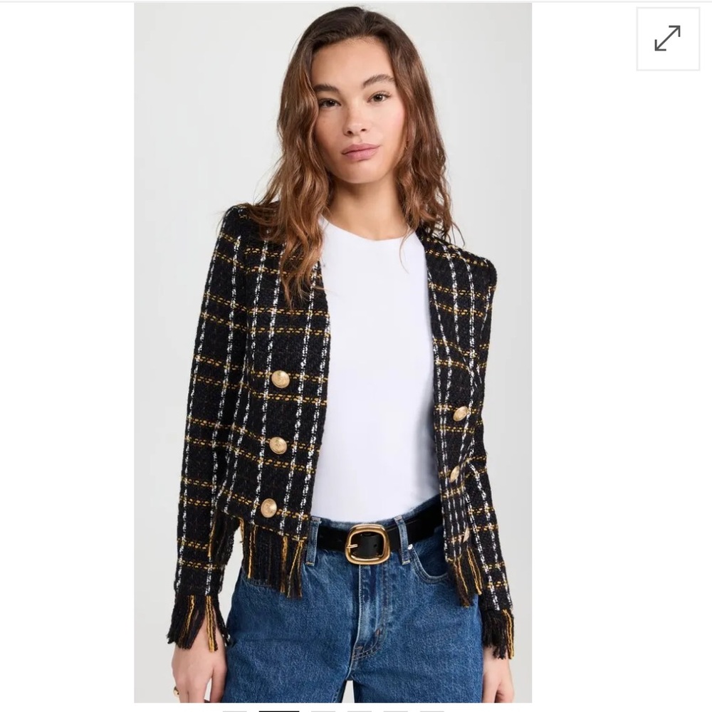 L’AGENCE Belmont Fringe Tweed Jacket Black Yellow Plaid Gold Buttons NWT Size 8 - Picture 13 of 16